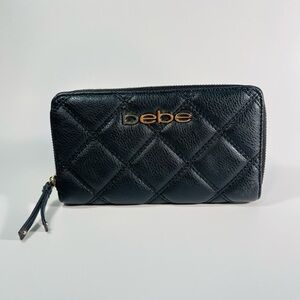 Bebe Quilted Black Wallet with Gold Accents